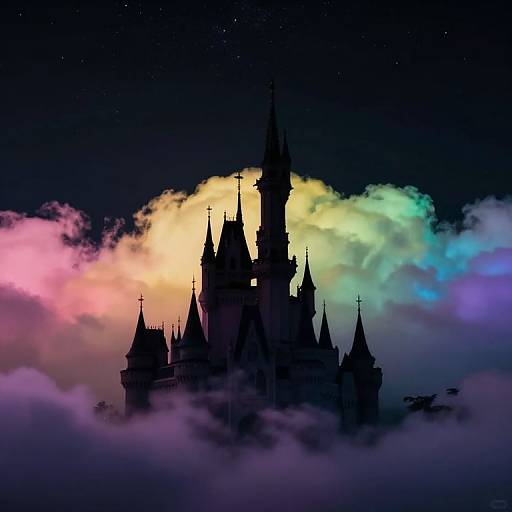 Silhouetted fairy-tale castle with gothic spires, surrounded by colorful, ethereal clouds against a starry night sky. Digital art