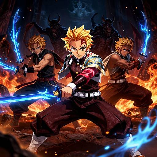 Digital anime artwork of three blonde-haired, muscular men wielding glowing blue swords, standing back-to-back in front of a fiery background with dark, menacing dragon
