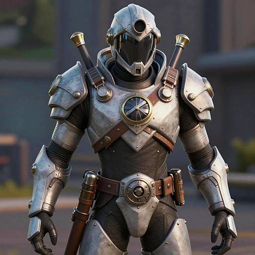CGI image of a futuristic, armored warrior with silver, metallic armor, a black visor, and brown leather straps, standing in an outdoor urban