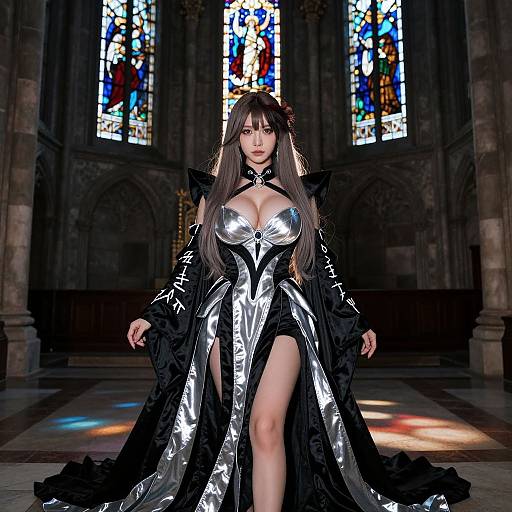 Digital artwork of a stunning anime woman with long brown hair, wearing a shiny black and silver gothic gown with high slit, standing in a dark,