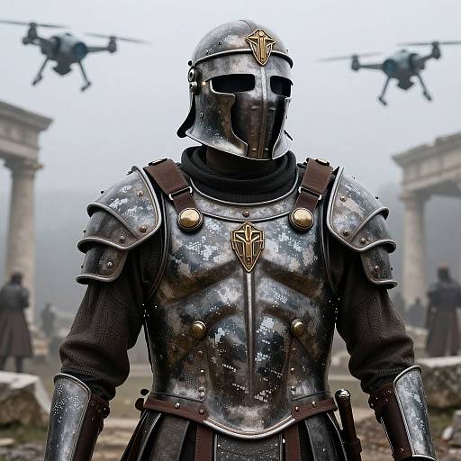 Photorealistic CGI of a medieval knight in shiny, silver armor with a cross emblem, standing in a foggy, ancient Roman ruins setting.
