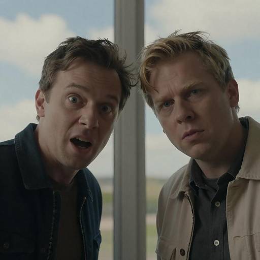 Intense Expressions of Two Men by Window