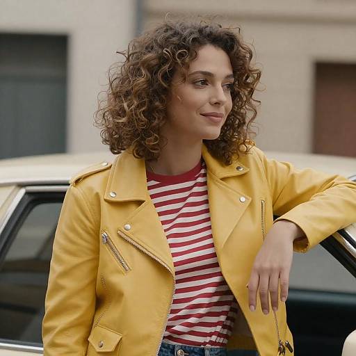 Stylish Woman with Curly Hair and Car