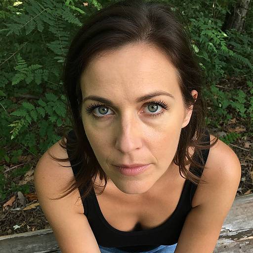 Photograph of a woman with blue eyes, dark brown hair, wearing a black tank top, looking directly at the camera in a forest setting.