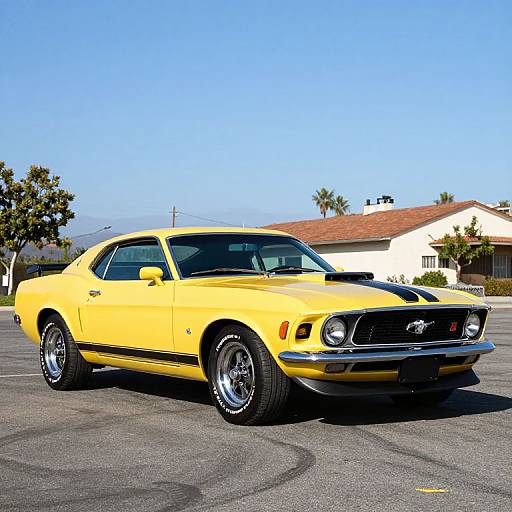 Photograph of a bright yellow, classic 1970s Ford Mustang with black stripes, parked in a sunny suburban lot, clear blue sky, palm