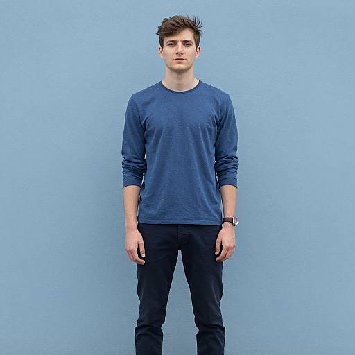 Young Man in Blue Casual Outfit