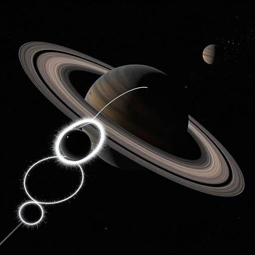 Photorealistic digital artwork of Saturn with rings, eclipsed by a smaller moon, surrounded by a dark space background and another distant planet. Bright white