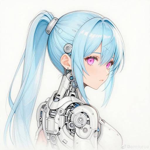 Digital anime-style drawing of a blue-haired, pink-eyed, cyborg woman with a high ponytail, white mechanical armor, and intricate back details.