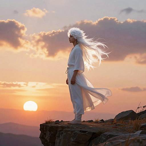 Photograph of a white-haired, white-robed figure standing on a rocky cliff at sunset, with glowing clouds and a radiant sun.