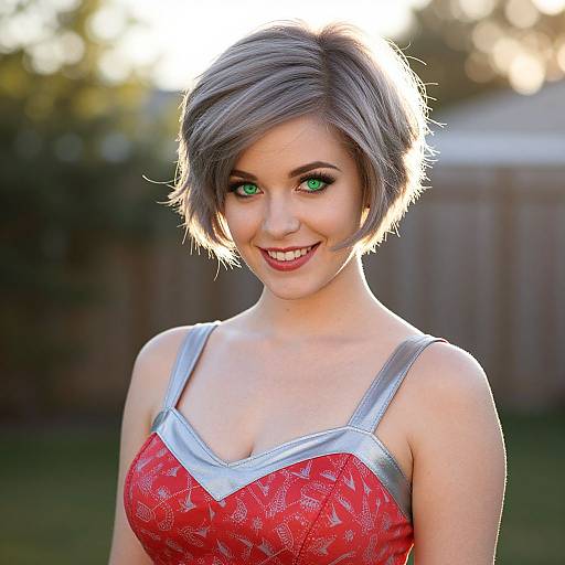 Photograph of a young woman with short gray hair, green eyes, and red dress with silver straps, smiling outdoors at sunset.