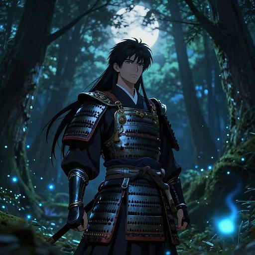 Digital anime-style illustration of a serious, black-haired samurai with long hair, wearing detailed, shiny armor, standing in a mystical, moonlit forest