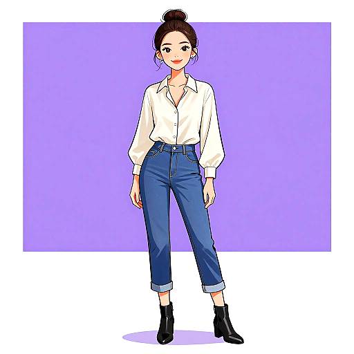 Digital anime-style drawing of a young woman with fair skin, dark hair in a bun, wearing a white blouse, blue high-waisted pants,