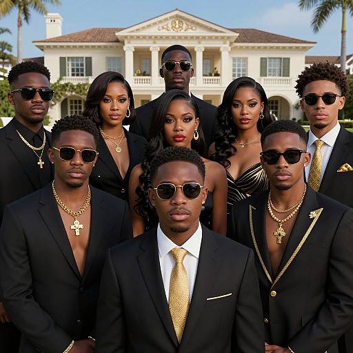 Photograph of nine African-American individuals in black suits, gold necklaces, and sunglasses, posing in front of a grand white mansion with palm trees.