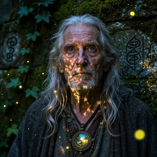 Photograph of an elderly man with long white hair, blue eyes, and a gray beard, illuminated by glowing fireflies against a mossy stone wall