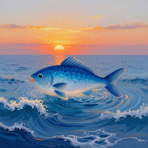Digital illustration of a blue fish with shimmering scales, swimming in rippling ocean waves during a vibrant sunset with orange and pink skies.