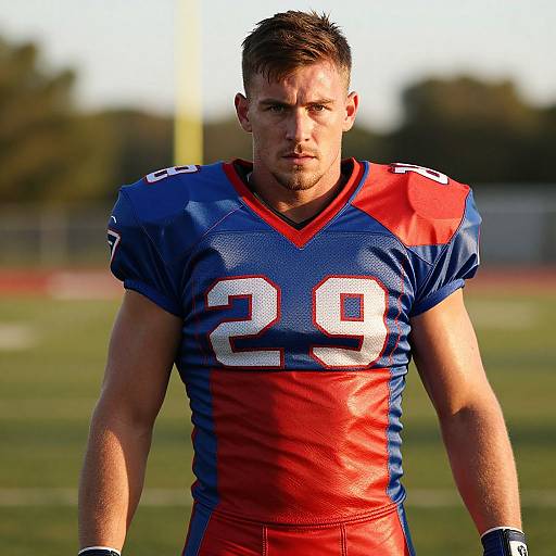 Photograph of a muscular, young, Caucasian male football player in a blue and red jersey with number 29, standing on a sunny field.