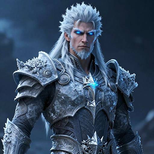 Digital art of a fierce, white-haired man with glowing blue eyes, wearing intricate, silver ice-themed armor, set against a dark, icy background.
