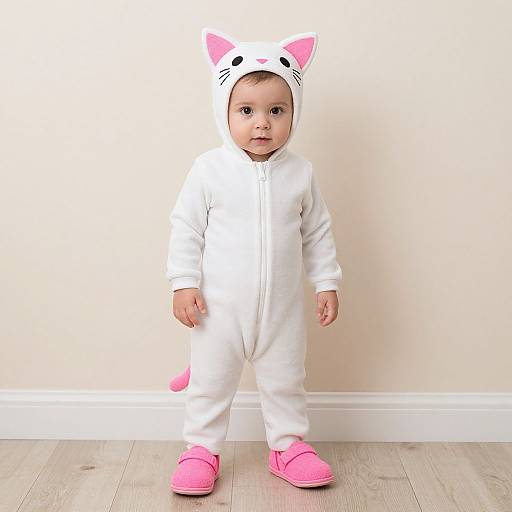 Photograph of a baby in a white cat onesie with pink ears and tail, pink shoes, standing on wooden floor against beige wall.