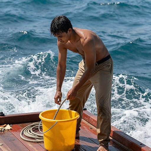 Focused Young Man on Seaside Raft