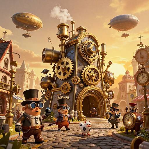 Whimsical steampunk town with gears, clock towers, hot air balloons, and cartoon characters in Victorian attire on a cobblestone street.