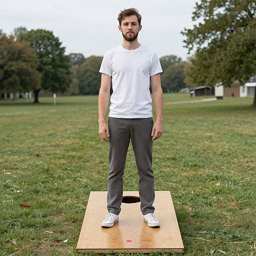 Photograph of a bearded man with short brown hair, wearing a white t-shirt, gray pants, and white sneakers, standing on a wooden platform