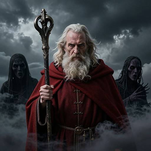 Photograph of a stern, white-bearded old man with long hair, wearing a red cloak and holding an ornate staff, flanked by shadow