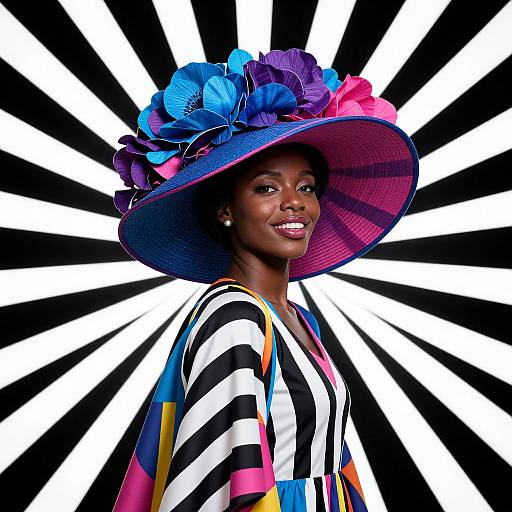 Photograph of a smiling African woman with dark skin wearing a colorful striped dress and large, vibrant blue-purple hat with flowers, set against a black-and