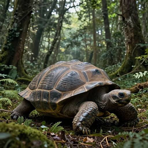 Photograph of a large, detailed tortoise with textured, brown and yellow-patterned shell, moving through a dense, mossy forest. Sunlight