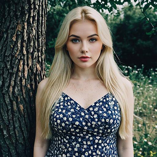 Blonde Woman in Floral Dress Outdoors