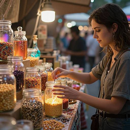 Photograph of a young woman with long brown hair and hoop earrings, wearing a grey shirt, selecting colorful beads from jars at a lit market stall.