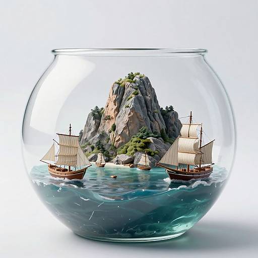 Photograph of a glass bowl containing a detailed miniature sailing ship scene with two wooden ships, rocky island, trees, and blue water.