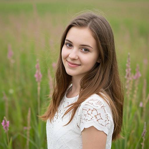 Photograph of a young woman with long brown hair, fair skin, and brown eyes, smiling in a grassy field with pink wildflowers, wearing