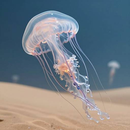 Photograph of a glowing, translucent jellyfish with pink and white accents, floating above a sandy ocean floor against a deep blue background.