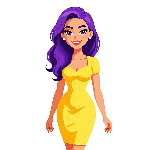 Digital illustration of a smiling woman with long purple hair, wearing a yellow dress, white earrings, and standing against a white background.