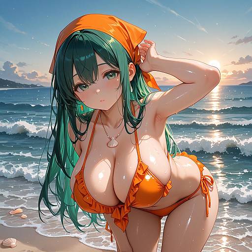 Green-Haired Beach Beauty in Bikini