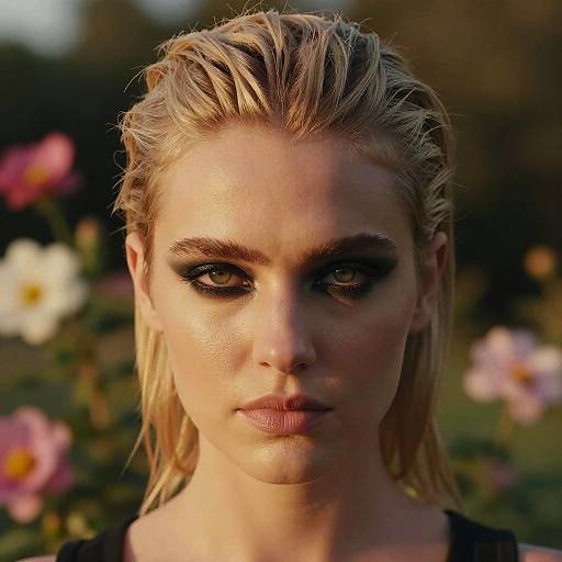 Photograph of a serious-looking blonde woman with wet, slicked-back hair, heavy black eyeliner, and neutral makeup, set against a blurred background