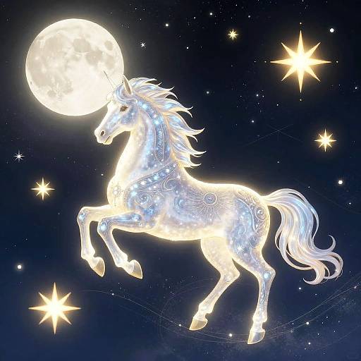 Glittering white horse with ethereal patterns rears up against a glowing full moon and starry night sky. Digital artwork.