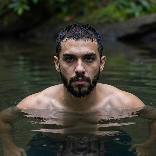 Shirtless Man Floating in Forest Pond