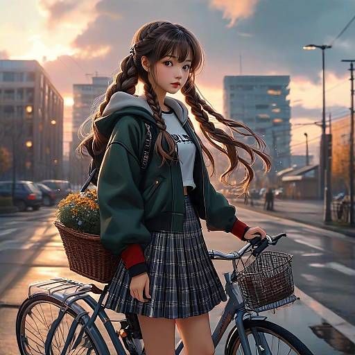 Digital anime-style artwork of a cute young woman with long braided brown hair, wearing a green hoodie and plaid skirt, standing with a bicycle at