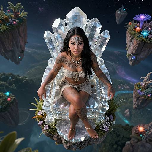 Digital art of a tattooed, dark-haired, brown-skinned woman with gold jewelry, sitting on a crystal throne amid floating islands, surrounded by glowing