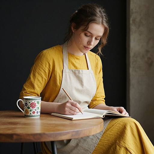 Photograph of a young woman with fair skin, brown hair in a bun, wearing a yellow dress and white apron, writing in a notebook at