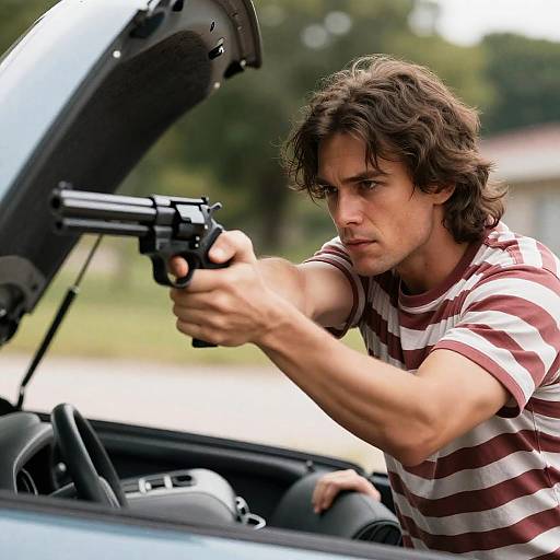 Intense Man Aiming Revolver by Car