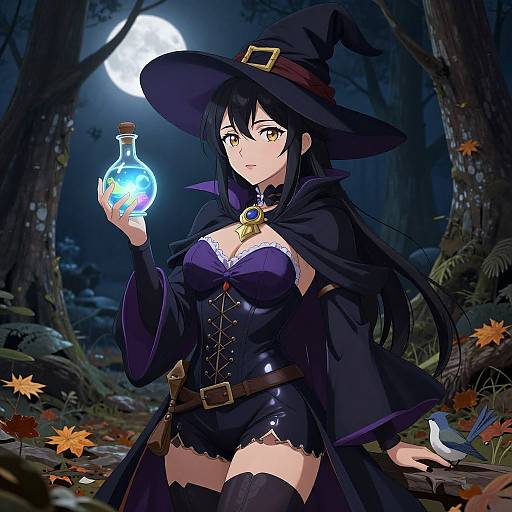 Anime-style illustration of a black-haired, yellow-eyed witch in a dark outfit holding a glowing blue potion, under a full moon in a forest with autumn