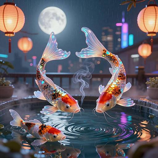 Bioluminescent Koi Dragons in Moonlit Rooftop Pond