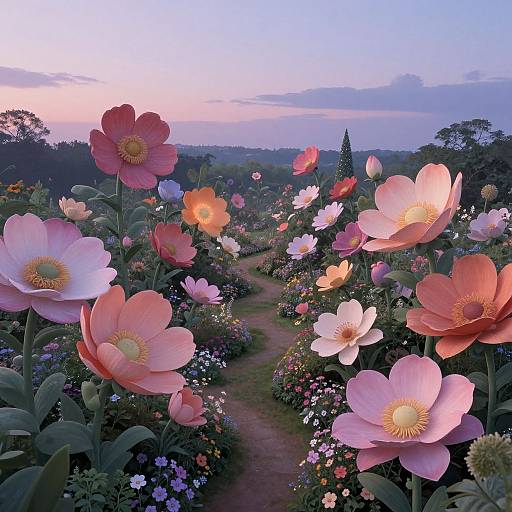 Photograph of a vibrant garden at sunset with towering pink and white cosmos flowers, a winding path, and a colorful, cloud-streaked sky.