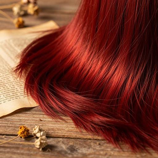 Close-up photograph of long, vibrant red hair cascading over an open book and dried leaves on a rustic wooden surface.