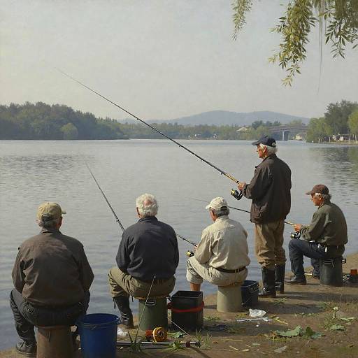 Photograph of five older men fishing at a calm lakeside, wearing outdoor gear, casting lines, with distant forested hills and clear sky.