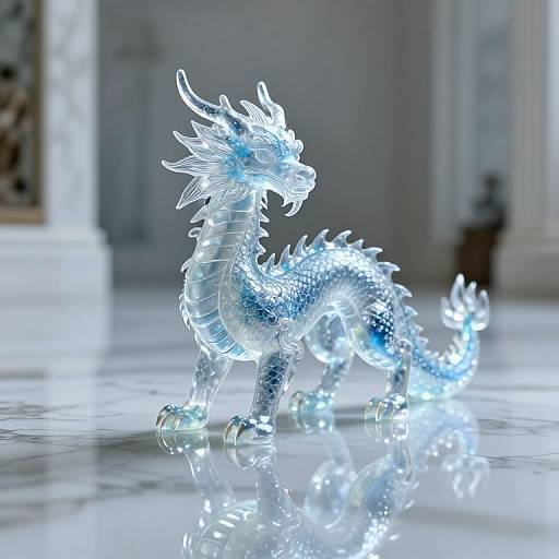 Photorealistic CGI of a glowing, translucent blue dragon with intricate scales and horns, standing on a reflective white marble floor in a softly lit, elegant