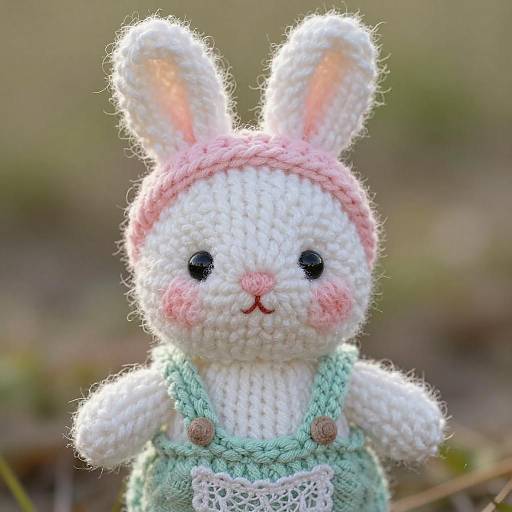 Photograph of a white, crocheted bunny with pink ears, blush, and headband, wearing mint-green overalls with a lace pocket,