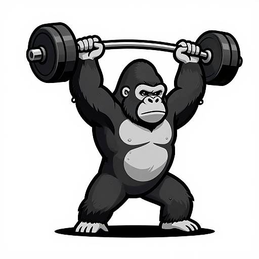 Cartoon-style illustration of a muscular black and white gorilla lifting a heavy barbell overhead, standing on a white background.